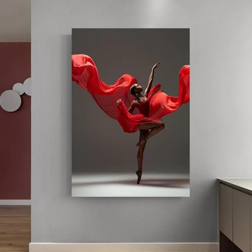 ZHAOLIN Modernes Leinwandgemälde mit afroamerikanischer Frau und Tänzerin im roten Kleid, schwarze Ballerina, Kunstdruck auf Leinwand, Wandkunst, Design, Heimdekoration, 70 x 100 cm, rahmenlos