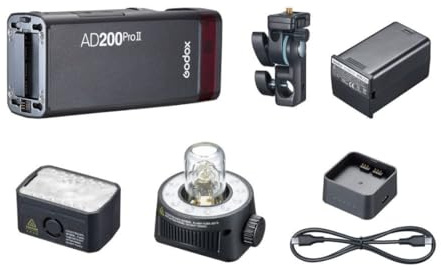 Godox AD200 PRO II TTL Pocket Flash Kit with H200J II and H200 II Flash Heads, Color Screen Display and LED Modeling Lamp