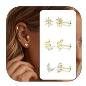 Morfetto Flat Back Earrings Gold Hypoallergenic - Surgical Steel Helix Tragus Piercing Jewellery Gold Threadless Push in CZ Heart Snake Tragus Cartilage Stud Earrings for Women 16G Golden&CZ