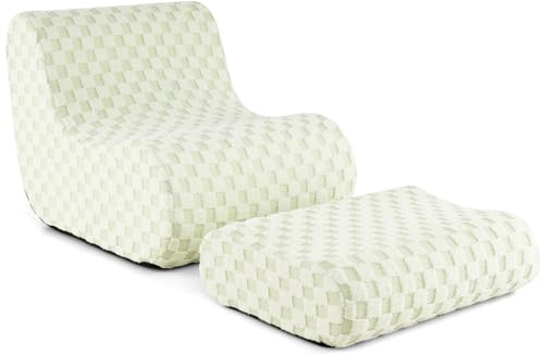 COSTWAY Bean Bag Chair with Footstool, Jacquard Teddy Plush Lazy Floor Sofa Chair and Ottoman Set with Washable Cover, Padded Accent Floor Couch Gaming Lounge Seat for Living Room Bedroom (Green)