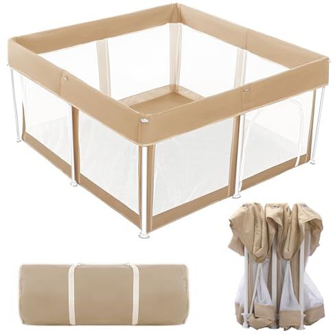 Lexixi Ibao Foldable Baby Playpen, 50×50 Extra Large Collapsible Playpen for Babies and Toddlers, Indoor Outdoor Activity Center with Fence, Khaki