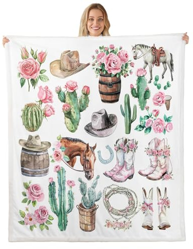feelingyou Cowboy Boots Hats Blanket for Kids Girls Boys,Rustic Retro Style Cowgirl Blankets for Bedroom Sofa Dorm Decor,Western Cactus Flower Bed Couch Blanket,Queen (90 x 90 Inches),Green Brown