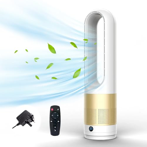 JDKJAG Bladeless Tower Fan, Quiet Cooling Fan with Remote, 90° Oscillating, 3-Speed Settings, 7-Hour Timer, Ideal for Bedroom, Living Room - Energy-Efficient & Space-Saving (Gold)