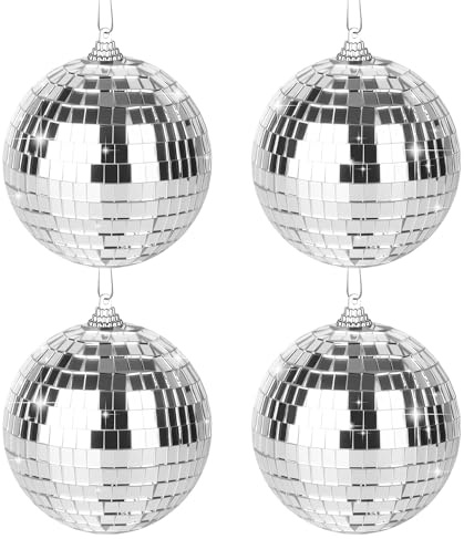 Lot de 4 Boule a Facette, 10 cmBoule Disco, Boules à Facettes, Petite Boule Disco, Convient pour Sapin de Noël, arrière-Plan de Mariage, décoration de Bar, décoration de Maison (Argent)