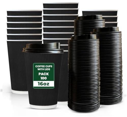 ECONX 100 X 16oz Disposable Kraft Ripple Paper Cups with Lids Black – Leak-Proof Insulated Takeaway Coffee Cups 3 Ply for Coffee, Tea, Hot Beverage - Disposable Coffee Cups for Home, Office, Cafes