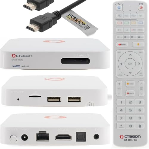 [Test SEHR GUT *] Octagon Spirit White 4K UHD Android TV Box + DVBSHOP HDMI Kabel, Dual Band WiFi, Bluetooth Fernbedienung, Sprachsteuerung, HDR10+, 2GB RAM & 32GB Flash, TV IP Receiver, MeTV