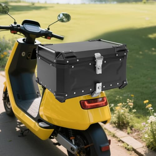 Wiyuer Motorrad Top Case 65L wasserdichte Motorrad Tail Box Motorräder Tail Storage Case mit Sicherheitsschloss Für 2 Helme Und Reisezubehör Aluminium Legierung Schwarz