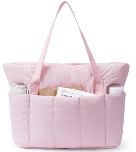 Narwey Work Tote Bags for Women, Large Puffer Womens Work Dance Bag, Teacher Laptop Tote Bag with Zip, Womens Ladies School Handbags & Shoulder Bag for College Nurse Gym Travel Beach (Pink)