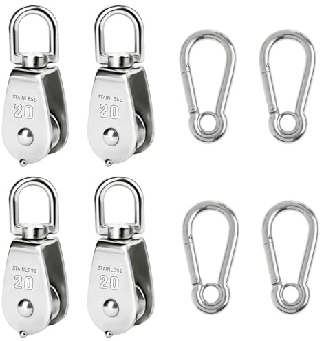 Zyiphor 4 Stück M20 Umlenkrollen für Seile Edelstahl Umlenkrolle Stahlseil Flaschenzug Set Seilrolle mit 4 Stück Karabiner M6 für Sonnensegel Fitness Seilwinde Tragkraft 75KG