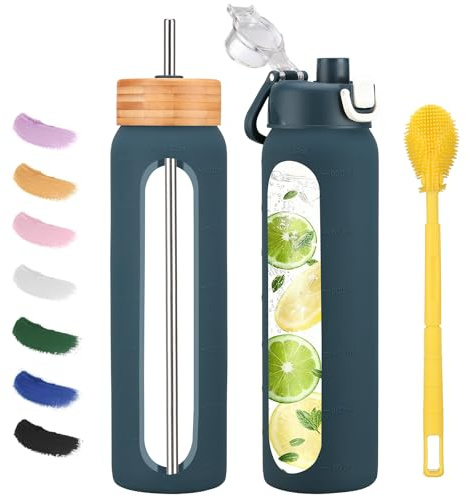 Olivego 32 oz glass water bottle - 1 Litter Motivational Tumbler With Time Marker - Borosilicate Glass Water Bottles With Silicone Sleeve and 2 Lids - Handle Spout Lid & Bamboo Straw Lid