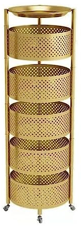 AMULONG Küchewagen mit Rollen, Rollwagen Runder Rotierender Rollwagen Mit Rädern, Metallwagen, Küchenlagerregal, Für Gemüse Und Obst Mobiler Servierwagen(Gold,5 Tier)