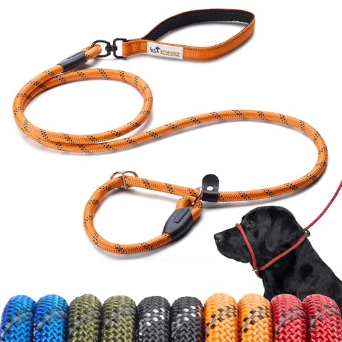 Snazzy Tails Freedom Pro Slip Rope Lead – No-Kink Swivel Handle, Figure of 8 for No-Pull Training, Metal Safety Stopper, Reflective, Premium Durable Rope Lead - Tangerine Orange 1.2cm x 2m