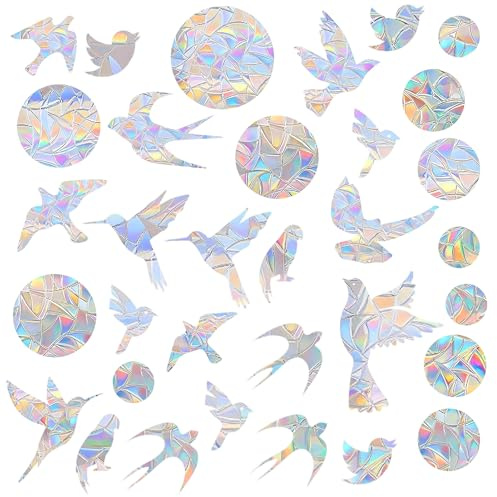 Dargkwn 35 Stück Prisma Vogelschutz Aufkleber Fenster mit Regenbogen Effekt – Suncatcher Folie gegen Vogelschlag – Statisch Haftende Fensterbilder Vögel & Kreise Set für Glastüren & Wintergarten