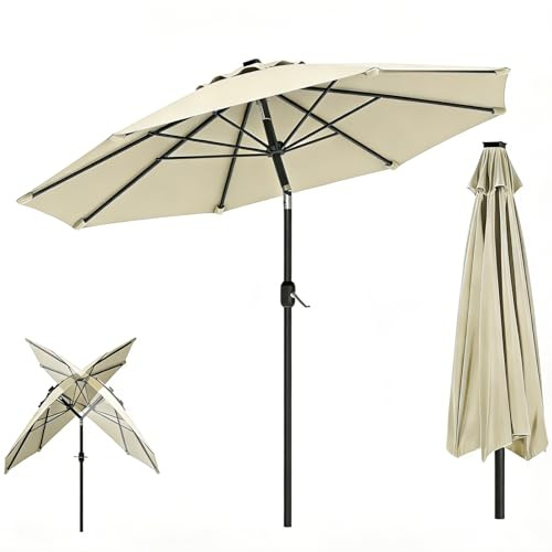 Ferzone Sonnenschirm 300cm mit Kurbel, Balkonschirm Kippbar 45° ohne Ständer Wasserdichte Windfest UV-Schutz, Kleiner Rund Gartenschirm Marktschirm Sonnenschutz für Balkon Terrasse Pool (Beige)