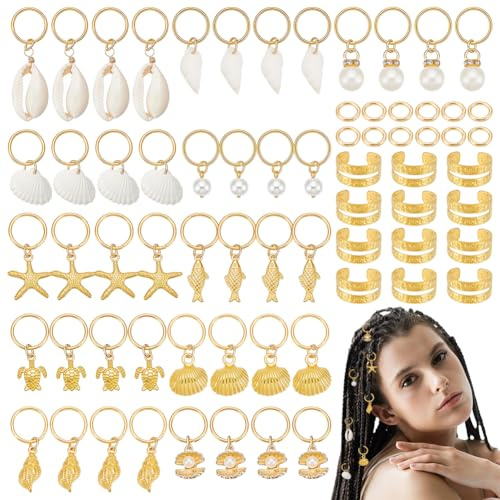 UNICRAFTALE 68Pcs 11 Styles Shell Hair Jewelry for Braids Seashell Loc Charms Gold Hair Cuffs Rings Metal Dreadlock Accessories for Braids Women Hairs Decoration