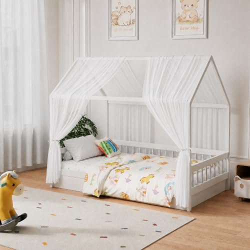 Roerf Rideaux Voile Lit Cabane 150x350cm Blanc | Ciel de Lit Cabane pour Maison 2 Pièces Ensemble Décoration pour Fille Garçon