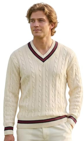 Fashion Flair Cricket Jumpers Mens Long Sleeve Cream Cable Knit V-Neck Cricket Jumper Men Pull Over Sweater Top UK Plus Size