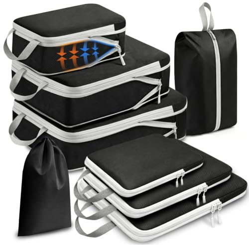 Molxss Compression Packing Cubes for Suitcases, Ultralight, Waterproof Luggage Organiser, Space Saving Suitcase Organiser for Travel Accessories and Essentials, Black (8 Set)