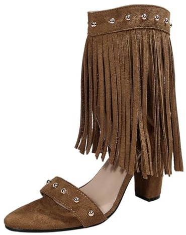 Generisch Sandalias de mujer extravagante en estilo occidental con flecos largos, botines con tacón bloque y detalles de tachuelas | Zapatos llamativos para festivales y fiestas, Estilo O03 Caqui