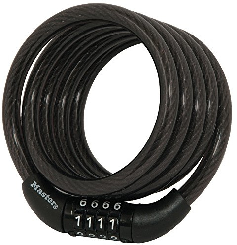 Master Lock 8143D Zahlenschloss für Fahrräder, Geflochtener Stahl, Vinyl-Beschichtung, schwarz, 4 Ft. Preset Combo