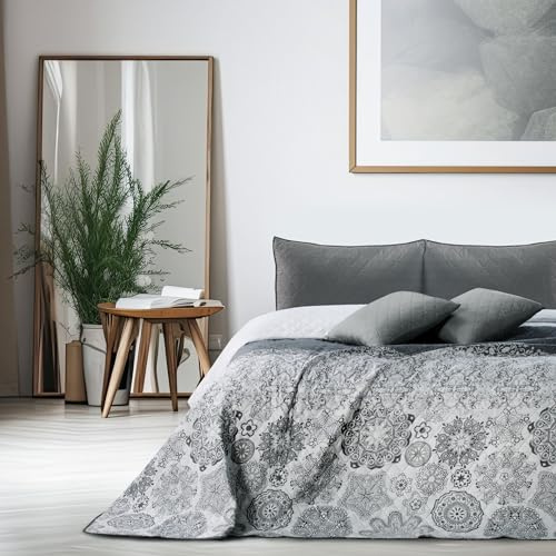 DecoKing 77191 Tagesdecke 170 x 210 cm Stahl Silber weiß anthrazit Alhambra | Bettüberwurf zweiseitig white steel silver Steppung