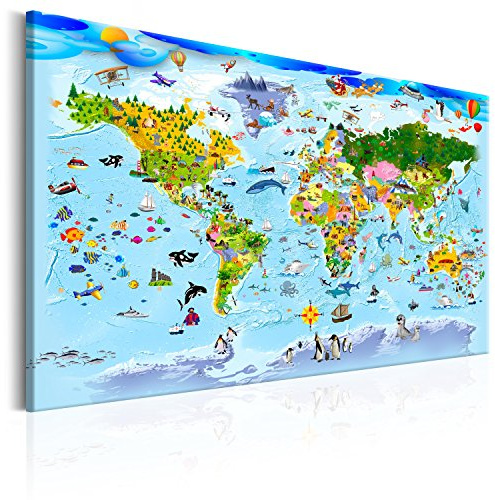 B&D XXL - Leinwandbild Weltkarte blau Tiere, 120x80 cm, 1-teilig, modern | Hochwertige Leinwand, sofort aufhängbar, ideal fürs Wohn- oder Schlafzimmer, wasserfest und lichtecht, langlebig, stilvoll