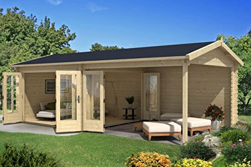 Alpholz Gartenhaus Freiburg-44 aus naturbelassenem Holz 755 x 399 cm mit 44 mm Wandstärke, Terrasse und Zwei Falttüren