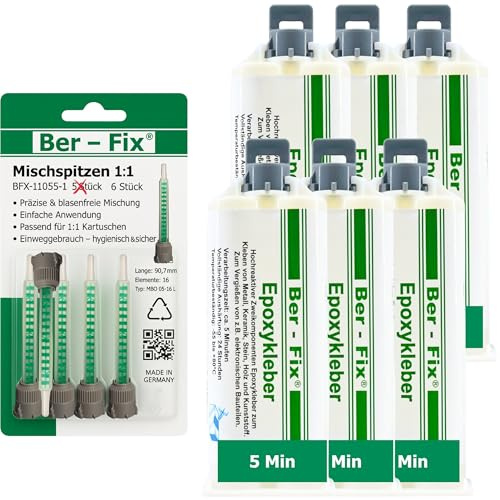 Ber-Fix 2K Epoxidkleber 5 Min 6x50g + 6 Mischdüsen starre Epoxid Reparatur | 2K Epoxidkleber 5 Min 6x50g + 6 Mischdüsen starre Epoxid Reparatur: 2K Epoxidkleber für starre