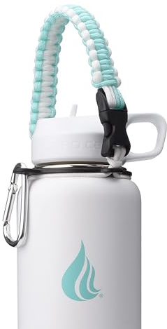 HYDRO CELL Wide Mouth Paracord Handle - Strap Carrier with Safety Ring and Carabiner. Compatible with 18, 24, 32, 40, and 64 oz Stainless Steel Water Bottles (Teal/White)