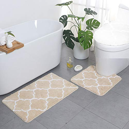 Badematte Set 2-teiliges, Mikrofaser Soft Rutschfest 50x80 cm Badteppich und 50x50cm U-förmig Toilette Badvorleger, Geometrisches Muster Saugfähiges Badezimmerteppich Badematten Teppich (Beige)