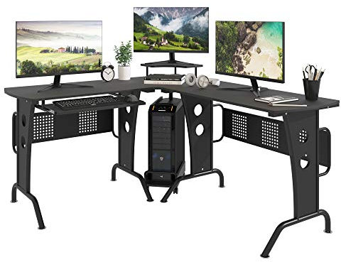 HOMCOM L-Shaped Corner Desk, Gaming Desk with CPU Rack, Keyboard Tray, Space-Saving Computer Desk with Steel Frame for Home Office,165 x 145 x 86.5cm, Black