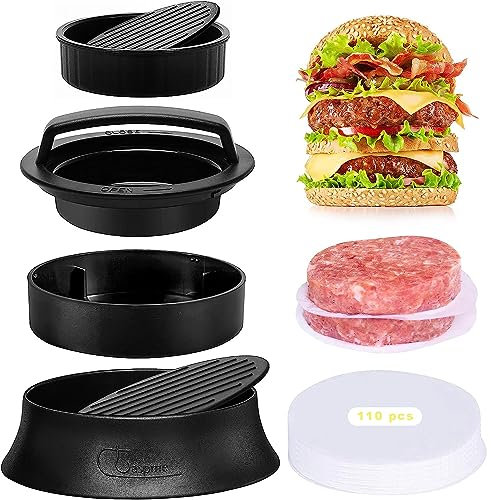 Claspme Burger Press with 110 Wax Paper Sheets - 3 in 1 Nonstick Hamburger Patty Maker for Perfect Round & Delicious Stuffed Burgers