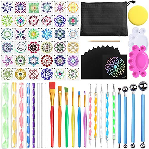 Amzeeniu Kit di Pittura Mandala Set di 74 Strumenti Mandala Dotting Tools Include la Pittura della Roccia Stencil,Aste Acriliche,Strumenti di punteggiatura ecc per Disegno Artigianato Nail Art DIY