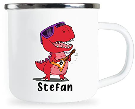 Stefan Personalisierte Kindertasse mit Name und lustigem Dinosaurier Motiv Emaille Tasse individuelle Geschenke Kind Geburtstag Junge Mädchen Metallbecher Emailletasse Geschenkidee