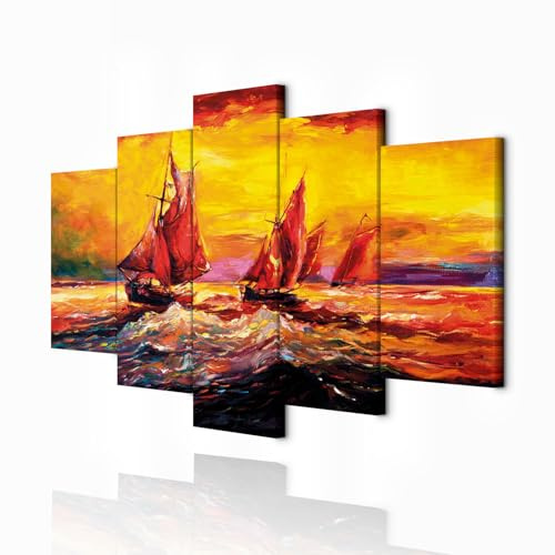 decomonkey Wandbilder Meer Abstrakt 150x75 cm XXL 5 Teilig Leinwandbilder | Bild auf Leinwand, Kunstdruck, Wanddeko, Wohnzimmer, Wanddekoration, Schiff, wie gemalt