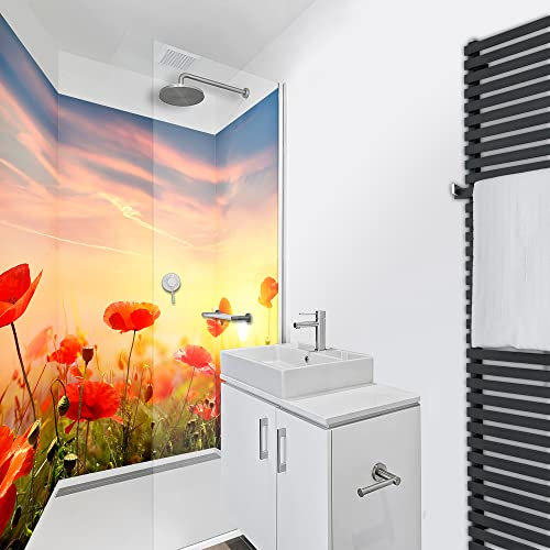 WANDFREUDE individuelle Duschrückwand Aluverbundplatte auf Maß (3 Stück - Mohnblumen im Feld - Premium Brillant Lack) – Dusche Wandverkleidung Duschwandverkleidung Duschrückwände