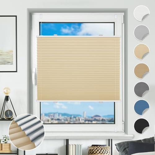 Plissee ohne Bohren Verdunkelung Plissees Klemmfix 70x130cm(BxH) Hellbeige 100% Blickdicht Verdunklungsplissee Fensterrollo innen ohne Bohren Aluminium Rollos für Fenster & Tür