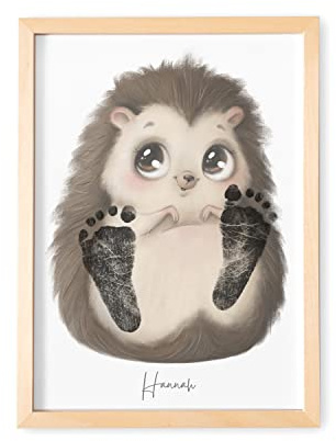 Baby Fußabdruck Bild Personalisiertes Tierbild Poster mit Tieren für Babyzimmer Deko Kinderzimmer Erinnerung an Meilenstein (OHNE FARBE) (Igel, DIN A4 | Fußlänge bis 6 cm | Alter bis 6 Monate)