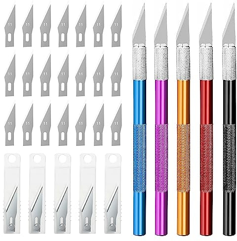Swpeet 30 förpackningar i set, 5-pack 5 färger, ungefär 5,6 tum, vass hantverkskniv, hobbykniv, precisionskniv i rostfritt stål med 25 förpackningar ersättningsknivar för gör-det-själv, konst