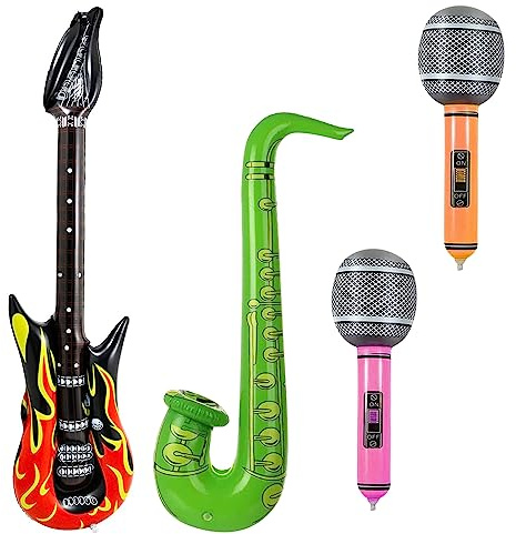 Aufblasbares Gitarren-Saxophon-Mikrofon-Ballons-Set, aufblasbare Gitarren, aufblasbare Musikinstrumente, Luftballons, aufblasbare Party-Requisiten, Party-Dekoration, 4 Stück