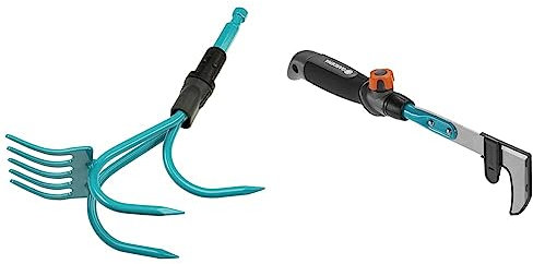 Gardena combisystem Grubber-Rake: Practical 2-in-1 garden tool, turquoise and black, one size, (03165-20) & combisystem-patio weeder (8927); removing moss and weeds between paving slabs