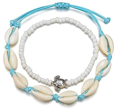 Aotiwe Muschelkette Damen Fuss, Fußband Männer 2 Stück Elastische Schildkröten und Muscheln Blau Weiß Metalllegierung