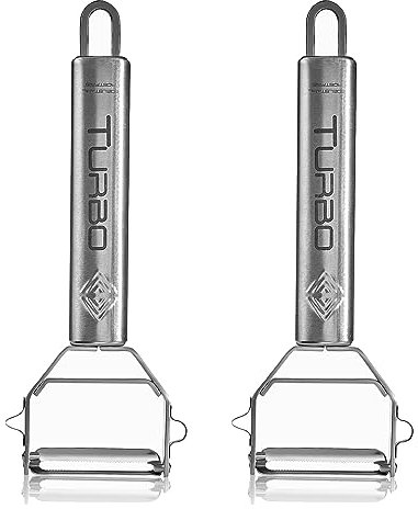TURBO PRODUKTE 2 peladores de acero inoxidable para frutas y verduras – hacia adelante y hacia atrás con hoja colgante para zurdos y diestros – función 3 en 1