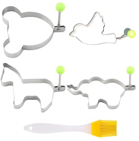 EBHO 4 Piezas Molde de Acero Inoxidable para Tortilla, Molde para Panqueques, Cocedor de Huevos, con Mangos Antiquemaduras para Muffins, Panqueques, Tortillas y Cocinar, con 1 Cepillo para Aceite