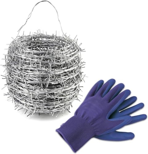 KARAT Rotolo di filo spinato da 16 m per recinzione, resistente alla trazione e alla rottura, spessore del filo 1,6 mm, rotolo di filo da pascolo con manico (zincato, guanti inclusi)