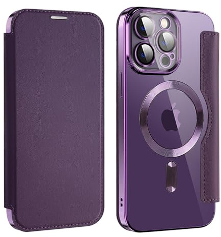 Bakicey Hülle für iPhone 15 Pro Max Klapphülle Kompatibel mit mag-safe Kartenfach PU Leder Anti-Kratzer Handyhülle mit RFID-Sperre Schutzhülle Transparent Flip Case für iPhone 15 Pro Max,DunkelViolett