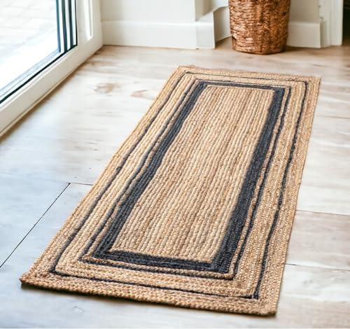 COSHANO Alfombra de Yute Natural Trenzado Rectangular Beige con Negro 100% Hecho a Mano Ideal Habitación, Salon, Sala de Estar, Dormitoro, Boho Chic Bohemio Etnica (60x110cm Beige/Negro)