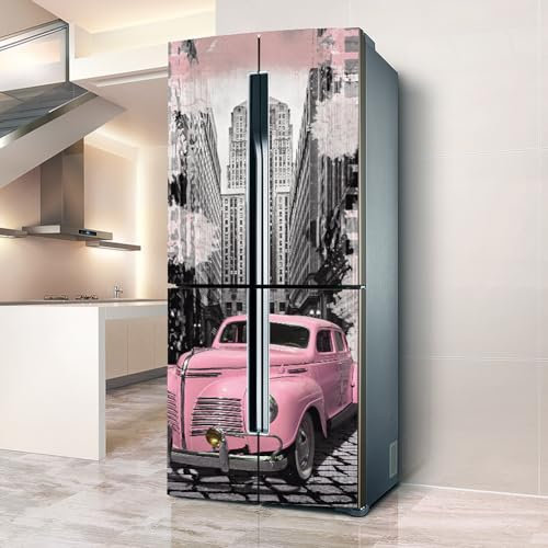 Pegatinas para refrigerador, adhesivo para nevera, cubierta completa para puerta, fundas para frigorífico, pegatinas de pared para cocina, coche retro rosa, calle gris