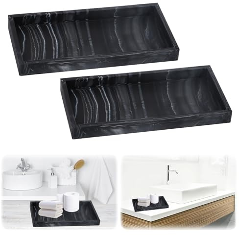 Badezimmertablett, 2 Stück Bad Tablett Kosmetiktabletts Schmuck Tablett Organizer Deko Platte Zubehörablage Servierbrett Tray für Küche Bad Accessoires (Klein Schwarz Marmoriert)