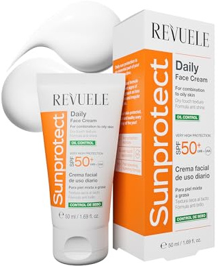 REVUELE SunProtect Crema Faciale Giorno Controllo Grasso, Crema Viso Giornaliera SPF 50+ – Protezione Solare Alta con Effetto Opacizzante, Idratante e Anti-Lucidità, per Pelli Miste e Grasse, 50 ml